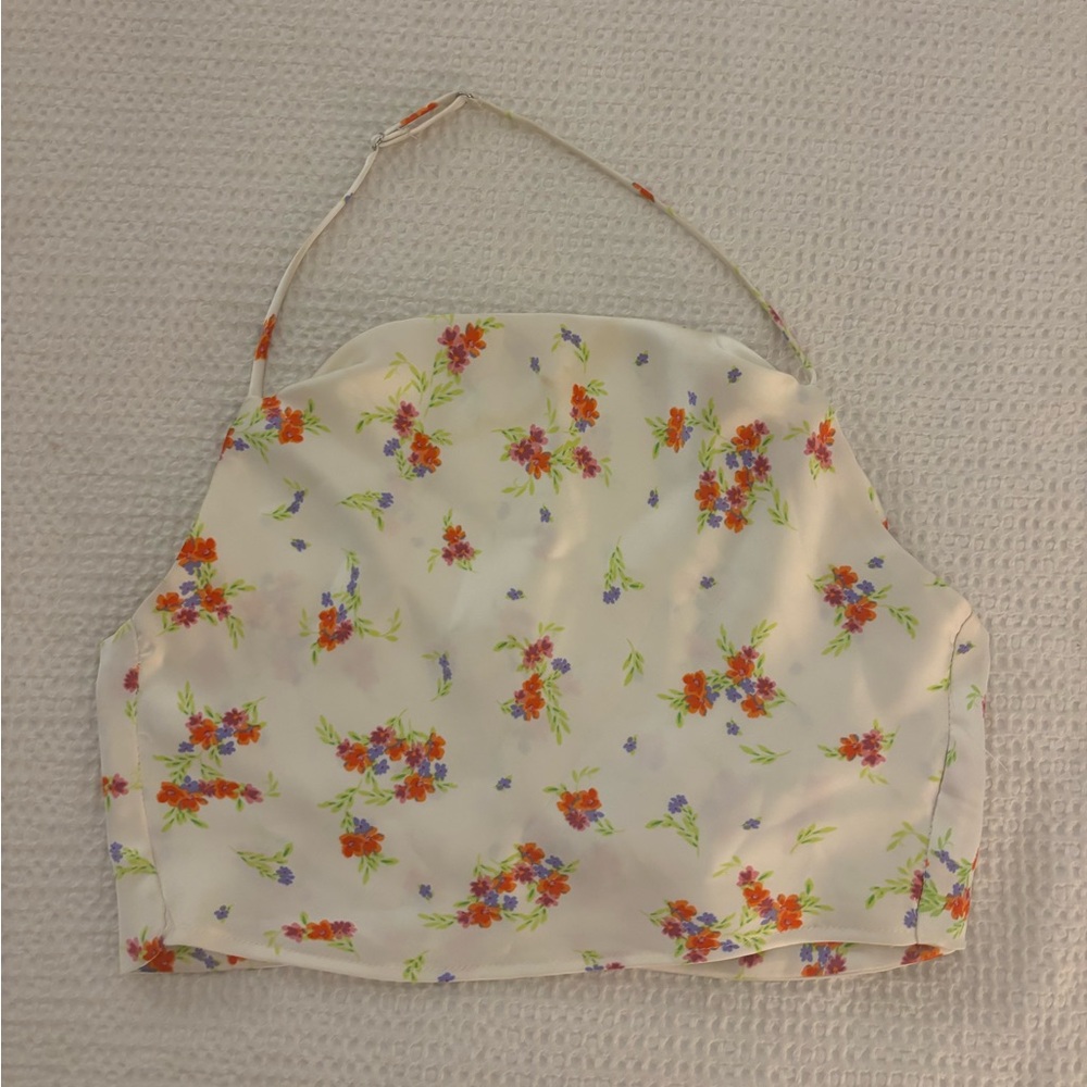 Zara Cream Floral Halter Satin Crop Top